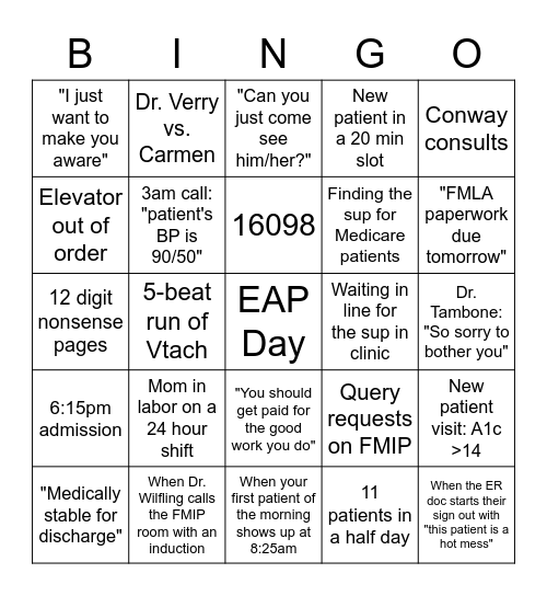 MFM Residency Classics Bingo Card