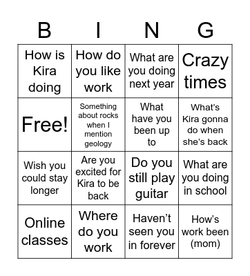 Family get together Bingo Card