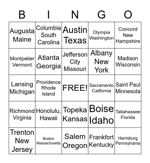 State Capitals Bingo Card