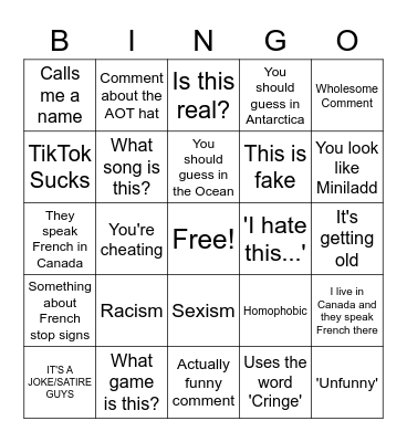 YouTube French Canada Comments Bingo Card