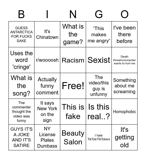 YouTube Comments NYC Geoguessr Short Bingo Card