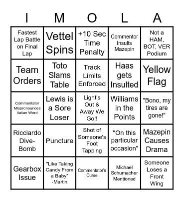 Emilia Romagna Grand Prix Bingo Card