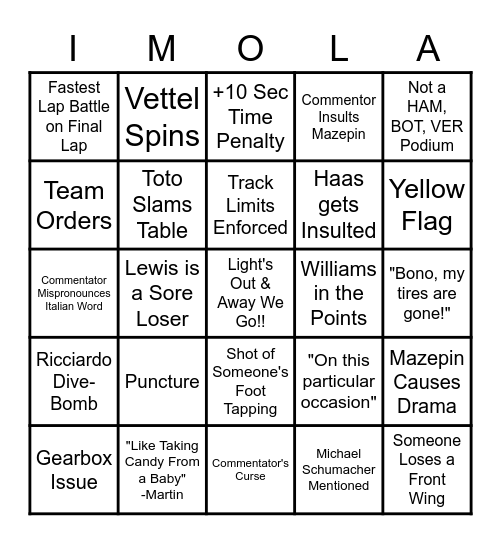 Emilia Romagna Grand Prix Bingo Card