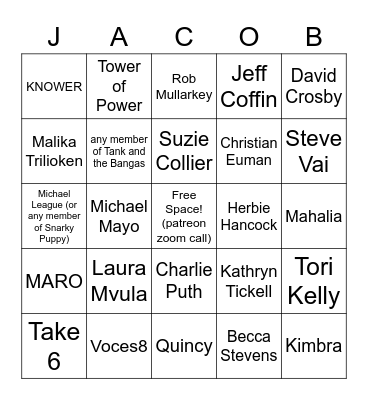 Owen's Jacob Collier Collaborator Bingo Card