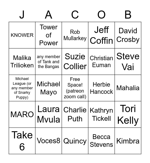Owen's Jacob Collier Collaborator Bingo Card