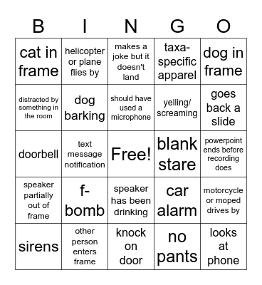 Virtual Conference Bingo Card