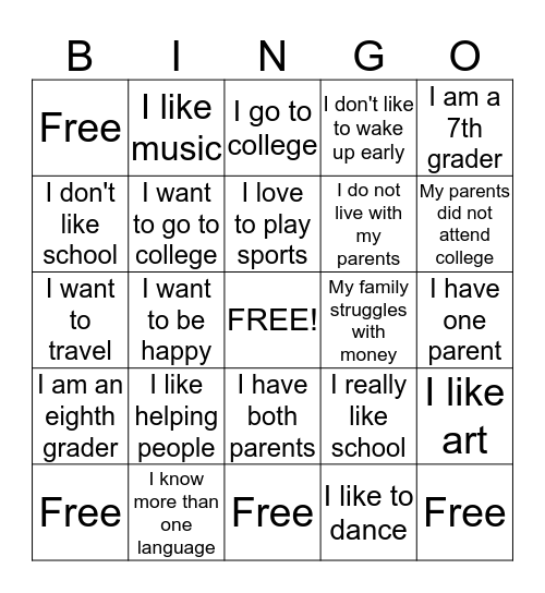 College Bingo!  Bingo Card