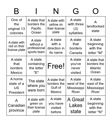 License Plate Bingo Card