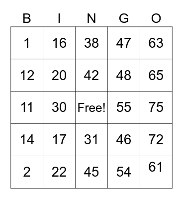 Number Bingo 1-75 Bingo Card