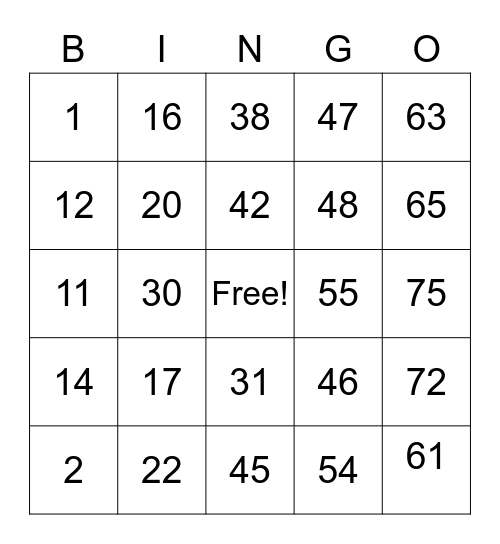 Number Bingo 1-75 Bingo Card