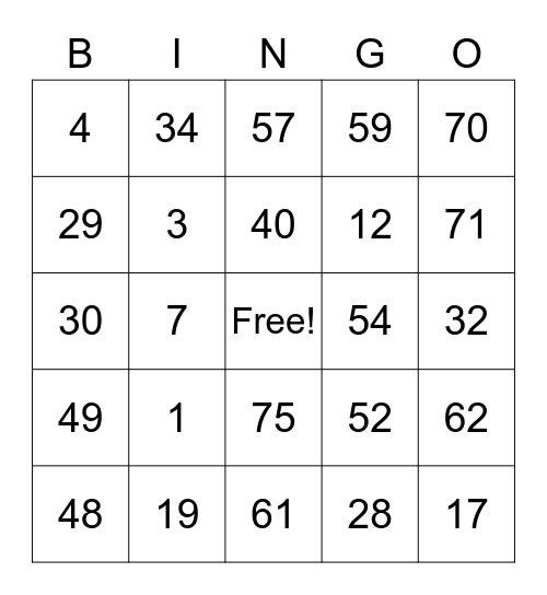 Number Bingo 1-75 Bingo Card