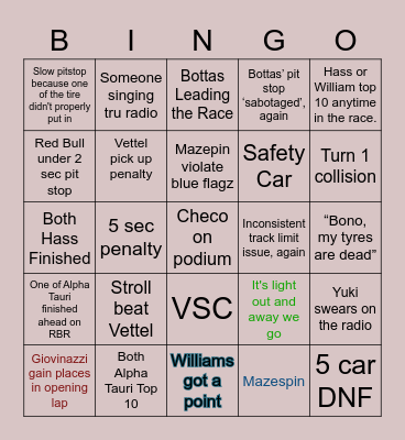 Imola Raceday Bingo Card