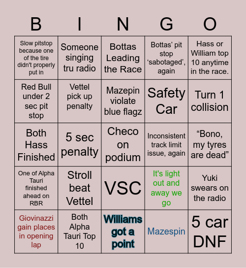 Imola Raceday Bingo Card