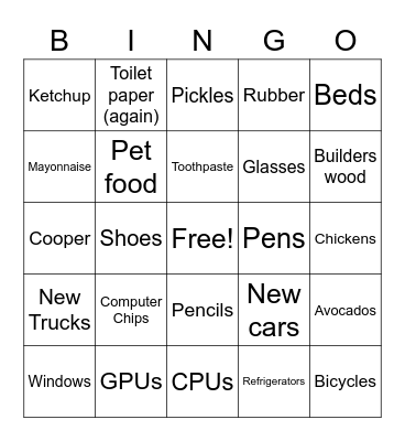 2021 Shortage Bingo Card