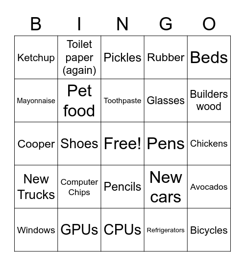 2021 Shortage Bingo Card