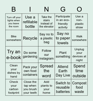 Adopt Our Community Earth Week Bingo Card