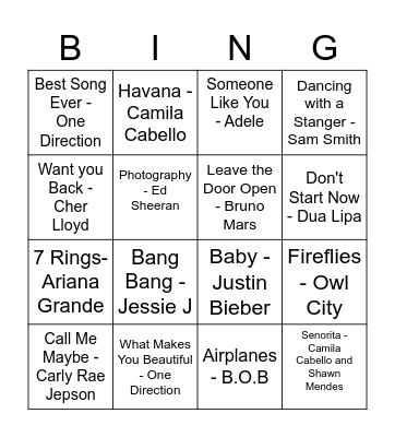 Song Hits Bingo Card