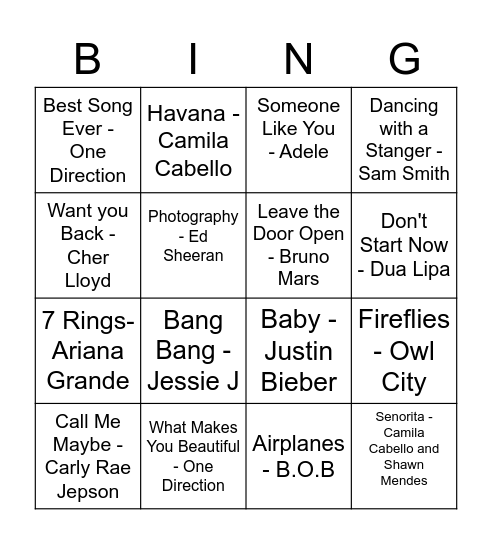 Song Hits Bingo Card