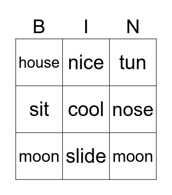 Rhyme Bingo Card