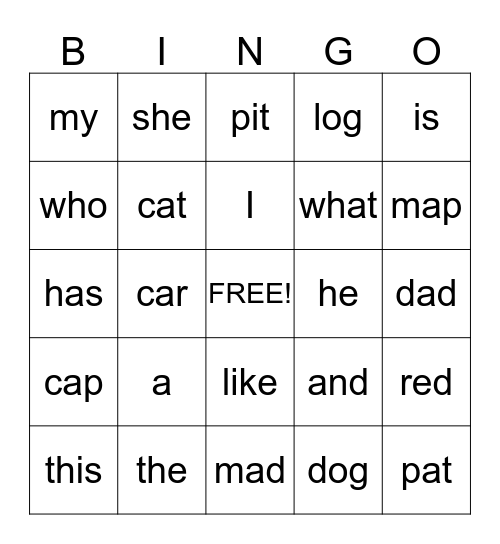 Kindergarten Bingo Card