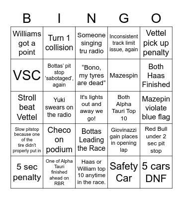 Imola 2021 Bingo Card