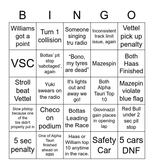 Imola 2021 Bingo Card