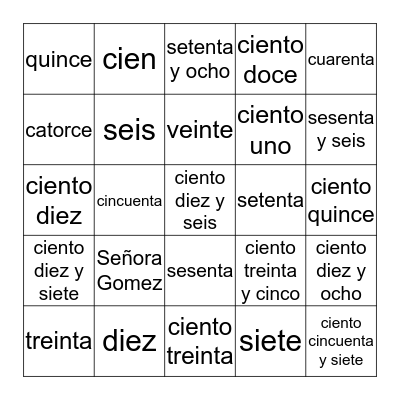Señora Gomez - Higher Numbers Bingo Card