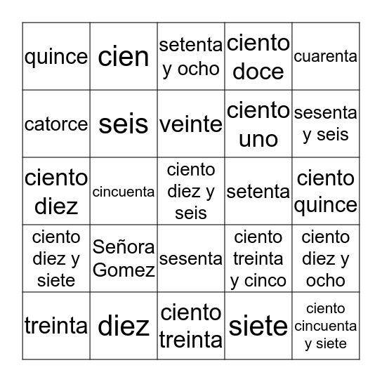 Señora Gomez - Higher Numbers Bingo Card