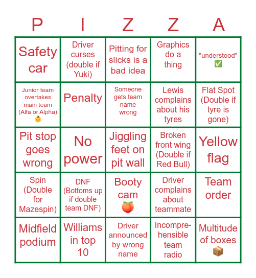 Imola GP 2021 Bingo Card