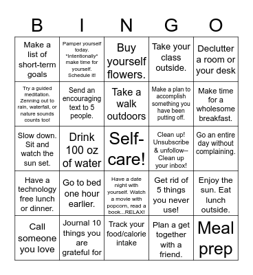 Mental Health and Well-Being Bingo Challenge Bingo Card