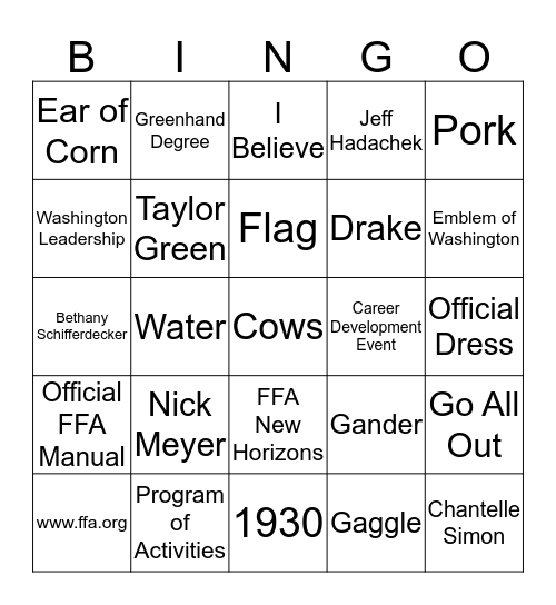 FFA Week Bingo Card