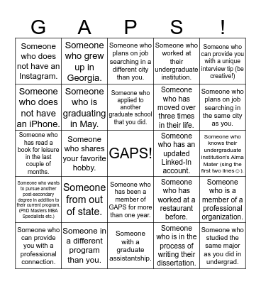 GAPS Networking Connections Bingo Card