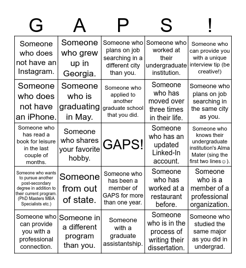 GAPS Networking Connections Bingo Card