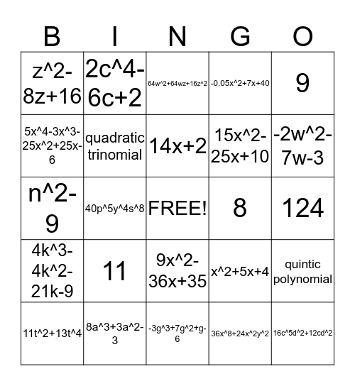 Polynomials Bingo Card