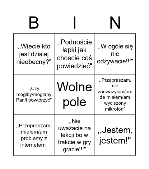 E-lekcjowe bingo Card