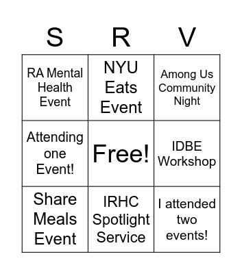 NYU IRHC/NRHH SERVICE WEEK Bingo Card