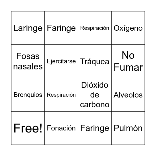 Sistema Respiratorio Bingo Card