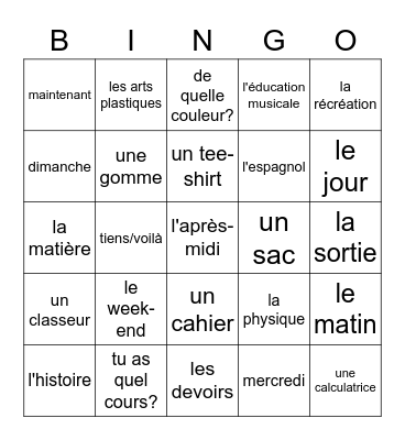 FR 1 - Ch 4 BD - school, classes, supplies Bingo Card