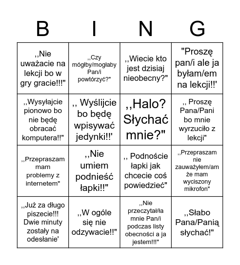 E-lekcjowe bingo Card