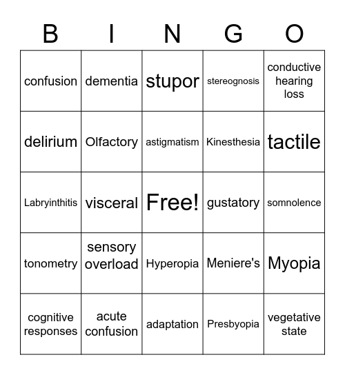 Sensory Functioning Bingo Card