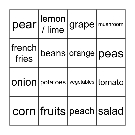 Las frutas y las verduras Bingo Card