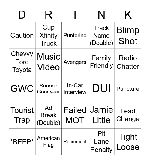 NASCAR Bingo Card