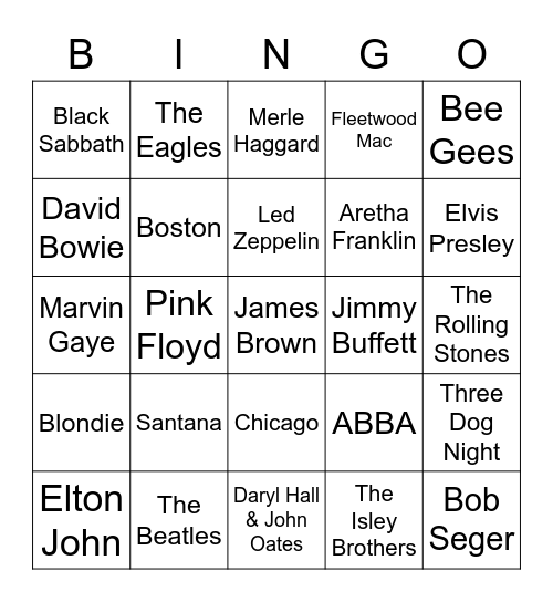 Top 70's Artists Bingo Card