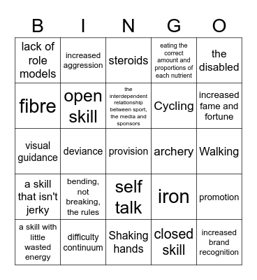GCSE PE Paper 2 Bingo Card