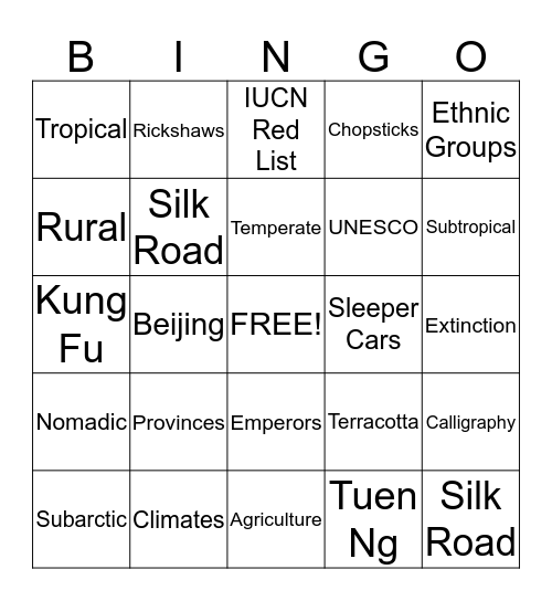 China Bingo Card
