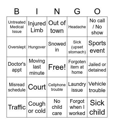 Sick call Bingo Card