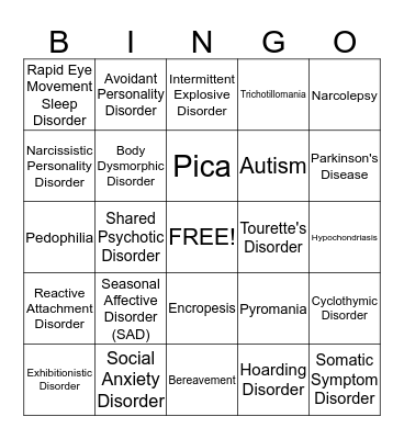 Mental Health Bingo Card