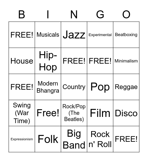 20th Century Music Bingo Card
