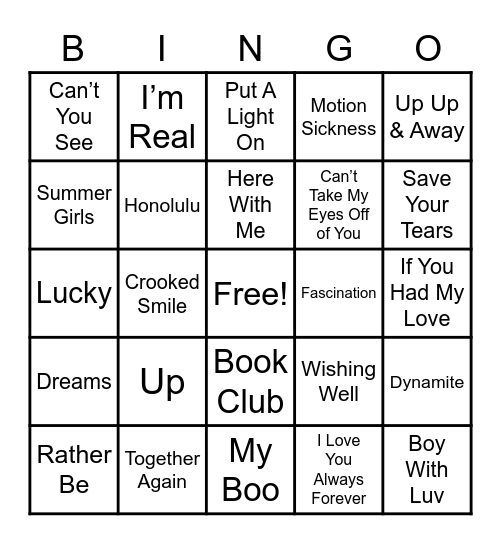 Musical Bingo Card