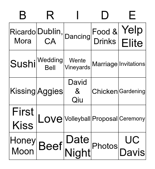 David & Qiu's Wedding Shower Bingo Card